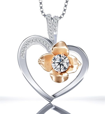 Platinum Plated Flower in Heart Necklace with 1CT Moissanite Pendant Necklace Gift for Women