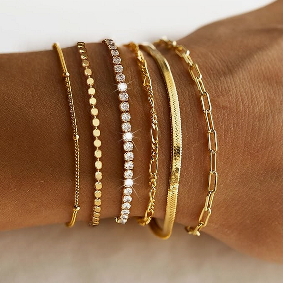 Waterproof Gold Bracelets Set for Women Trendy, Dainty 14K Real Gold Plated Jewelry Fashion Stackable Tennis Beaded Figaro Herringbone Paperclip Link Bracelet Pack Stack Gifts for Women