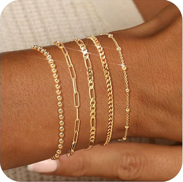 Gold Bracelets for Women, 14K Gold Plated Bracelet Stack Set Adjustable Stackable Charm Bracelets Paperclip Chain Cuban Link Layered Waterproof Gold Jewelry Sets Gifts for Womens 6.0/6.8/7.2"